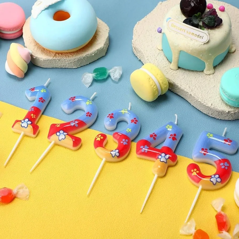 Colorful Number 3 Dog Paw Birthday Party Candle Cake Topper - Red, Yellow, Blue
